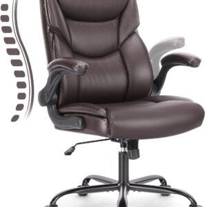 OLIXIS Ergonomic Office Chair, Heavy Duty 275lbs High Back Desk Chair, Flip-up Armrest PU Leather Swivel Rolling Chair with Wheels,Brown