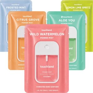 Touchland Fresh 5 Hydrating Hand Sanitizer Spray Set Travel Size | TSA ready Power Mist with skincare benefits. Frosted Mist, Citrus Grove, Lemon Lime, Aloe You and Wild Watermelon.