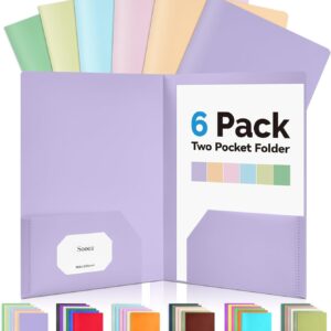 Sooez 6Pack Folders with Pockets, Pastels Colors, Heavy Duty Pocket Folder, Plastic Folders with Pockets, 2-Pocket Folder Bulk, Aesthetic File Folder, Back to School Office Filing Supplies